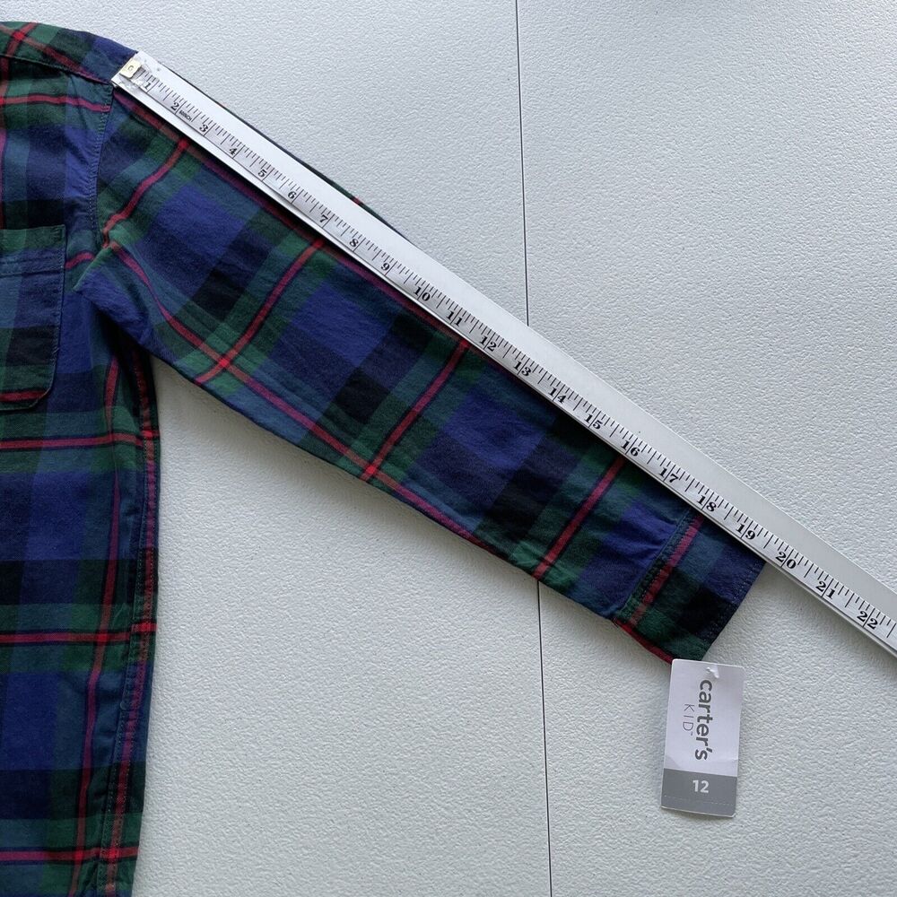Carter's Boys Size 12 Button Up Plaid Shirt Navy Blue Green Long Sleeve Pockets - Picture 7 of 8